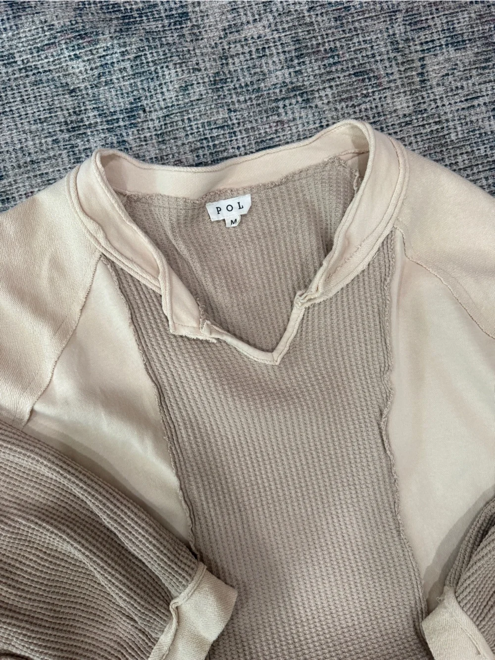 POL | Waffle Patchwork V Neck Pullover- Oatmeal, Oversized Boho Fit